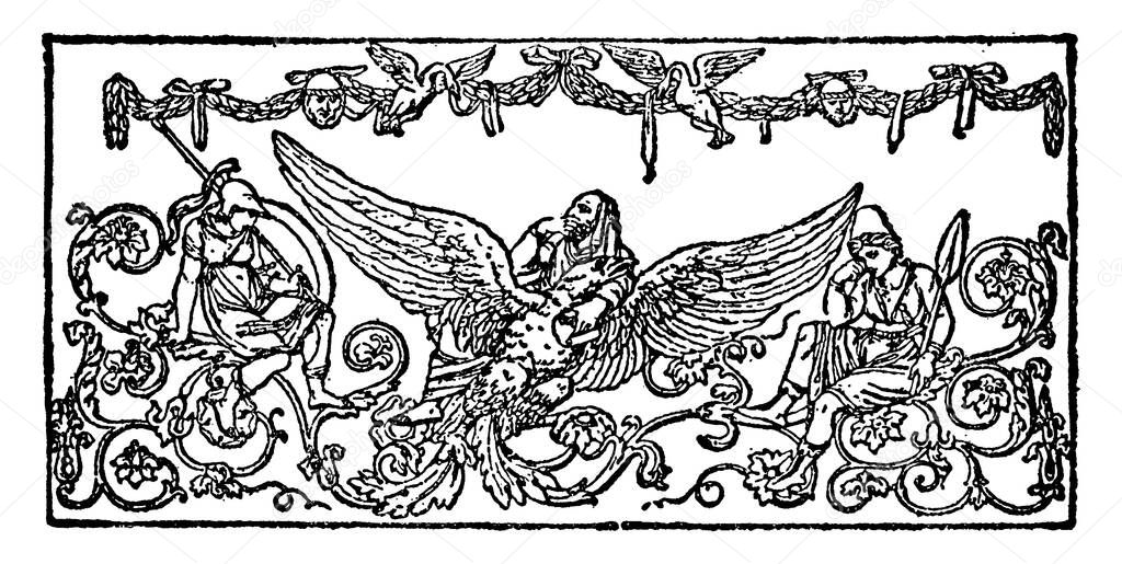 The Elysium doodad, Greek illustration of Elysium, with a man head and an eagle body at the center, surrounded by repeated and fancy designs, vintage line drawing or engraving illustration.