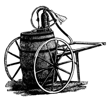 Garden Barrel Pompası 'nın çerçevesinde böcek ilacı püskürtmek için kullanılan tekerlekler, klasik çizgi çizimi ya da kabartma çizimi olan bir fıçı var..