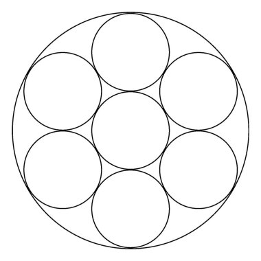 Geniş bir çemberin içindeki yedi tam çember ve dairelerin kenarları birbirine dokunarak geometrik şekil, klasik çizgi çizimi veya gravür çizimi yapıyor..