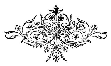Bir çiçek motifi, bir yüz ile dekore edilmiş, tekrarlanan tasarımlar ve kalın desenler, klasik çizim veya oyma resimleme.