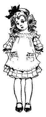 A small girl tilts her head and appears to be guilty of some misbehaviour. Most likely the misbehaviour relates to the two kittens poking their heads out of the pockets of the frilly pinafore , vintage line drawing or engraving illustration  clipart