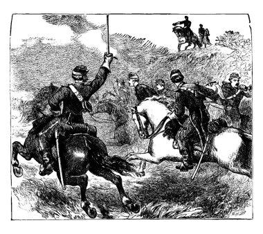 Philip Sheridan 'ı savaş alanında ata binerken ve elinde yükseltilmiş bir kılıç tutarken gösteren eskiz..