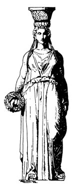 Bir sütun, vintage çizim veya gravür yerine destek olarak kullanılan bir kadın figürü.