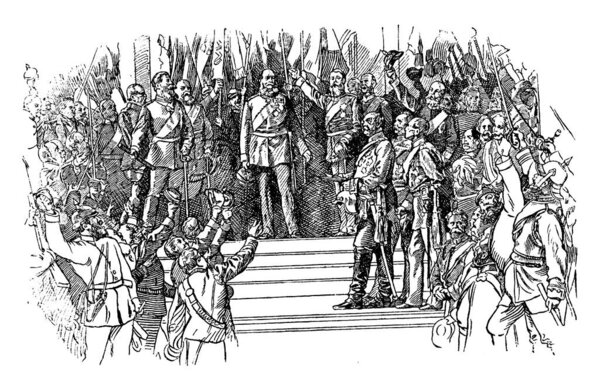 Официальное объявление короля Вильгельма императором Германии на публике, рисование винтажных линий или гравировка иллюстраций.