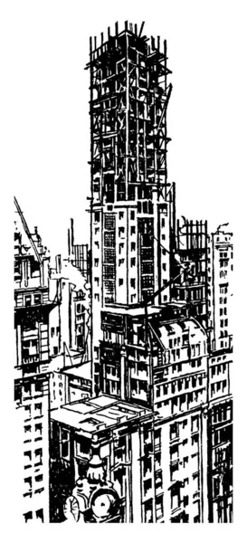 Ein Unvollständiger Wolkenkratzer Mit Stahlrahmenstruktur Vintage Linienzeichnung Oder Gravur Illustration — Stockvektor