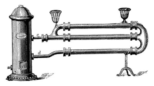 气锅炉 装有两个以上线圈的管道 封闭箱内的本生燃烧器 老式线条绘图或雕刻图解 — 图库矢量图片