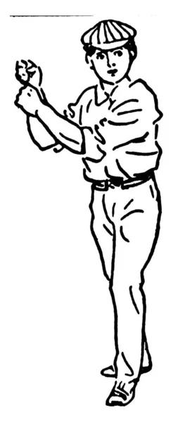 Ragazzo Con Cappello Piedi Posizione Karate Disegno Linee Vintage Illustrazione — Vettoriale Stock
