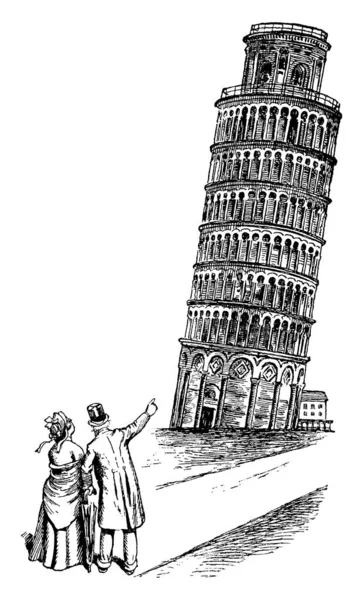 Schizzo Raffigurante Marito Moglie Che Indica Torre Pendente Pisa Situato — Vettoriale Stock