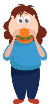 Hamburger yiyen kız, illüstrasyon, beyaz arka planda vektör