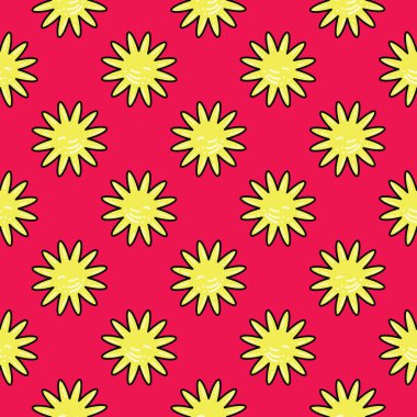 Sarı çiçekler, kırmızı arkaplanda pürüzsüz desen.