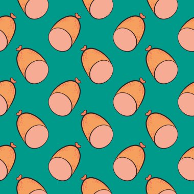 Küçük sosisler, yeşil arkaplanda pürüzsüz desenler..