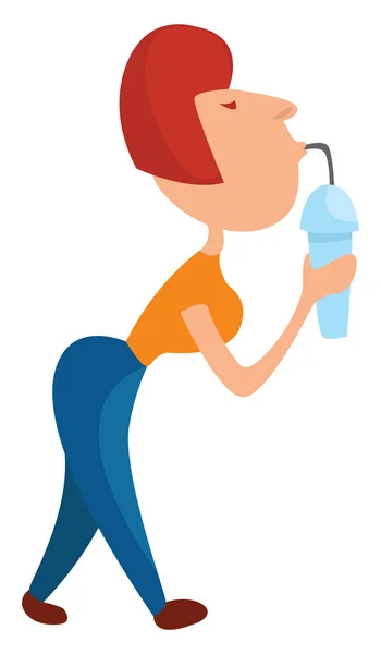 Chica Sosteniendo Una Bebida Fría Ilustración Vector Sobre Fondo Blanco — Vector de stock