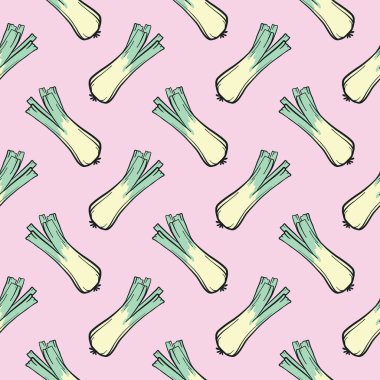 Tatlı pırasa, pembe arka planda pürüzsüz desen.