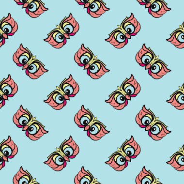 Baykuş gözleri, mavi arka planda pürüzsüz desen.