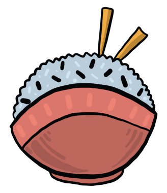 Kırmızı kasede pirinç, illüstrasyon, beyaz arka planda vektör.