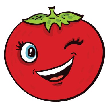 Mavi gözlü kırmızı domates, göz kırpan, illüstrasyon, beyaz arka planda vektör