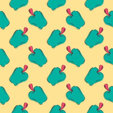 Yeşil elmalar, bej arkaplanda pürüzsüz desen.