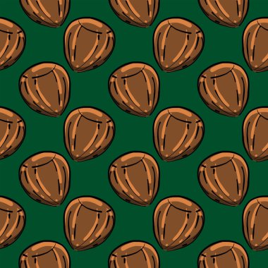 Kahverengi fındık, koyu yeşil arka planda pürüzsüz desen..