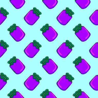 Yeşil kapaklı mor kavanoz, açık mavi arkaplanda pürüzsüz desen.