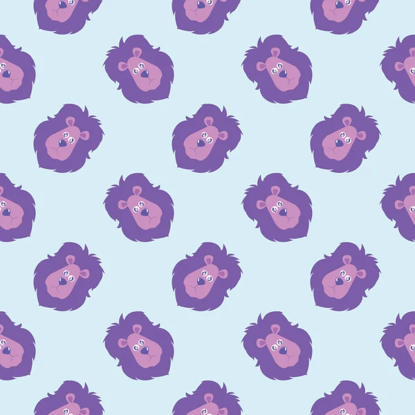 紫色のライオンの頭 薄い青の背景にシームレスなパターン — ストックベクタ