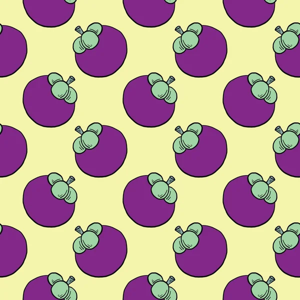 Purple Mangosteen Stem Seamless Pattern Yellow Background — Stock Vector