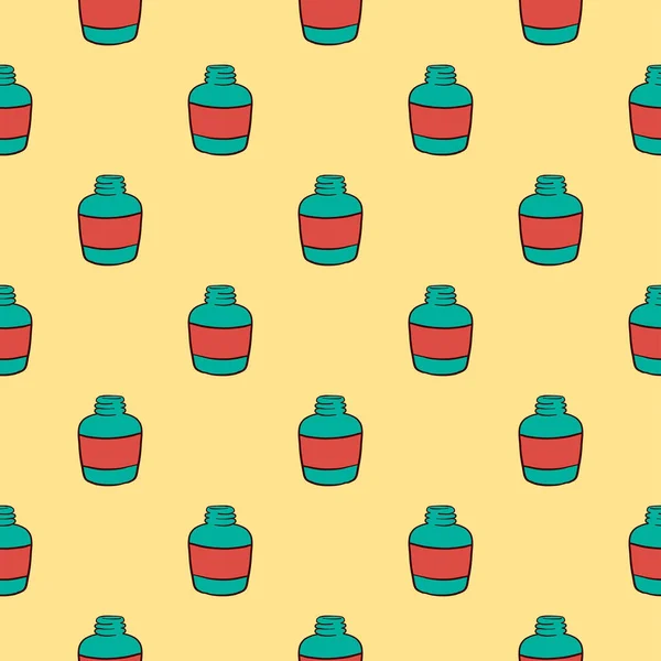 緑の小さなボトル ベージュの背景のシームレスなパターン — ストックベクタ