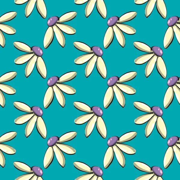 White Chamomile Flower Seamless Pattern Blue Background — Stock Vector