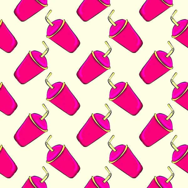 Trinken Einer Rosa Tasse Nahtloses Muster Auf Hellrosa Hintergrund — Stockvektor
