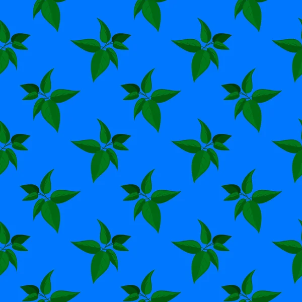 Hojas Verdes Patrón Sin Costuras Sobre Fondo Azul — Vector de stock