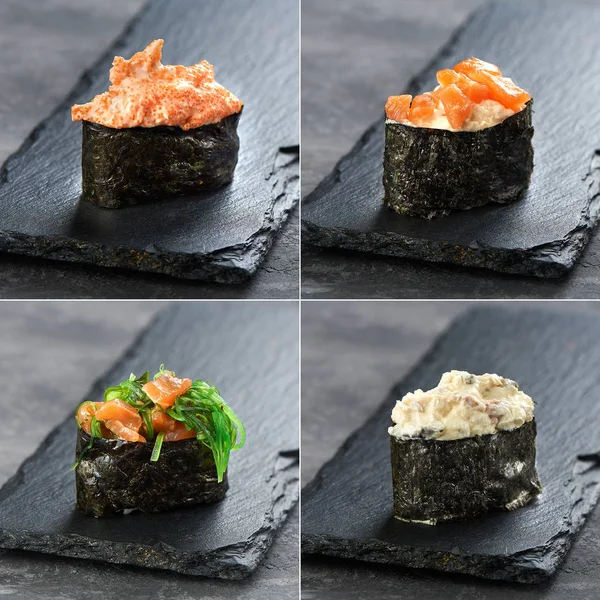 Defina sushi gunkan e temaki de salmão, atum, chukka em fundo preto. Cozinha tradicional japonesa — Fotografia de Stock