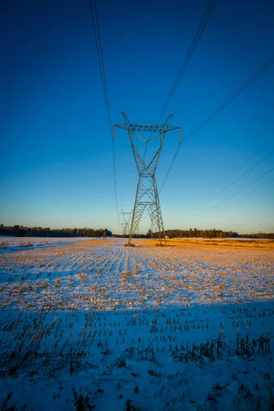 Torres Transmissão Eletricidade Alta Tensão Por Cabos Aéreos Inverno — Fotografia de Stock