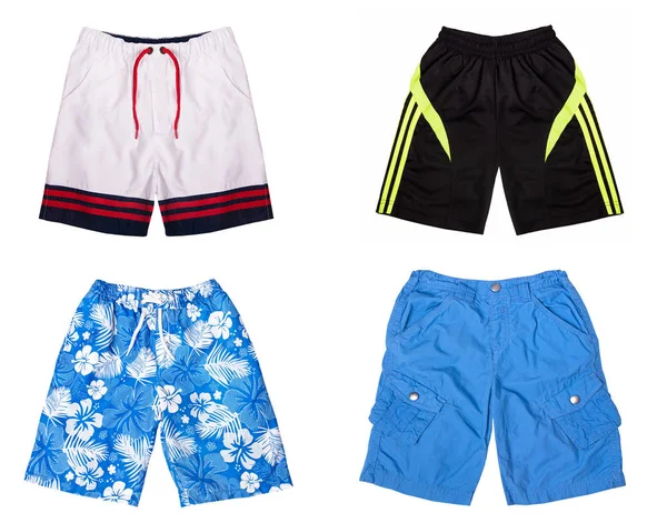 Quattro Paia Pantaloncini Colorati Isolati Sfondo Bianco Collage Shorts — Foto Stock