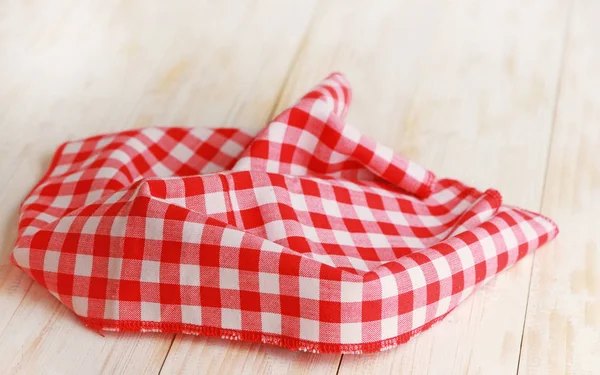 Crumpled Red Checkered Tablecloth Wooden Table — Stock Photo, Image