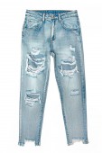 Dámská modrá džíny s otvory izolovanými na bílém pozadí