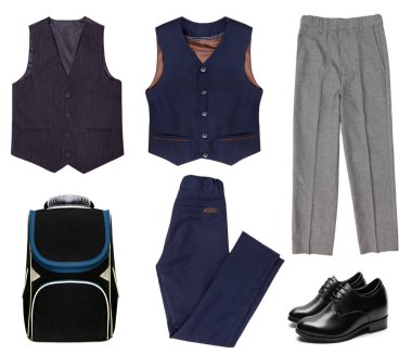 Beyaz arka planda izole edilmiş erkek giysilerinin kolajı, okul konsepti