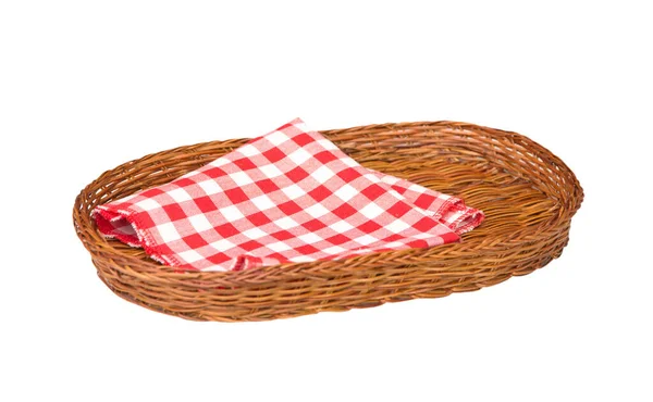 Oval Shaped Wicker Basket Red Checkered Fabric Isolated White Background — Stock Photo, Image