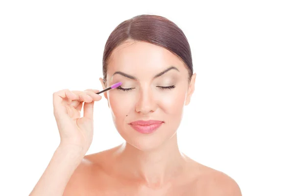 Woman Applying Eyelash Serum Essential Oil Eyelashes Makeup Mascara Brush — Stock Photo, Image