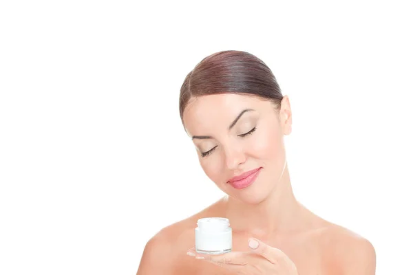 Favorite Face Cream Beautiful Model Showing Holding Cosmetic Cream Treatment — Stock Photo, Image