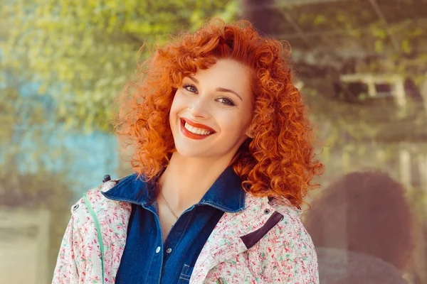 Happy Cheerful Young Woman Curly Redhead Ginger Hair Rejoicing Positive — Stock Photo, Image