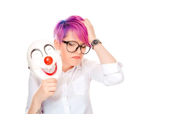 Portret Triest Depressief Vrouw Hand Kop Depressie Gebaar Clown Masker — Stockfoto