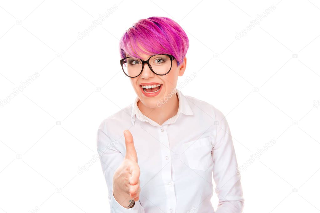Closeup portrait, young, pink magenta hair, smiling woman, student, customer service agent giving you handshake isolated white wall background. Positive human emotions, feelings, face expressions