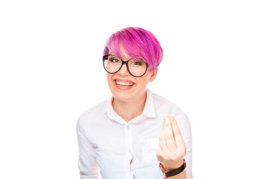 Parmak birlikte el jest ne diyorsun soran ile bir genç kız Genç İtalyan kadın erkek portresi? Gerçekten mi? Olmaz! Sen delirdin mi? Beyaz arka plan üzerinde pozitif yüz ifade izole