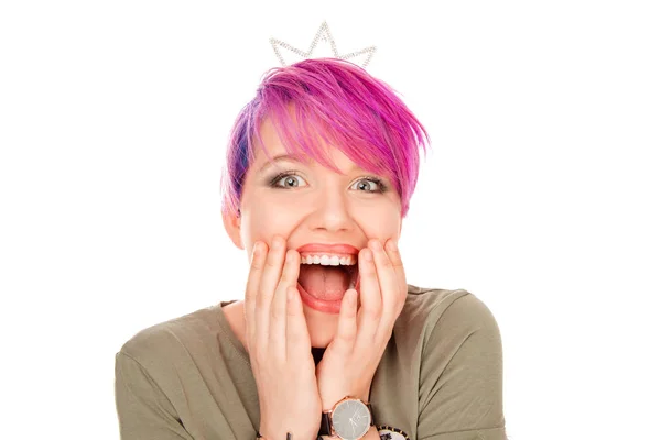 Surpresa Surpreendida Mulher Closeup Retrato Menina Engraçada Com Coroa Partido — Fotografia de Stock