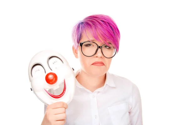 Stående Ung Upprörd Orolig Kvinna Med Sorgligt Uttryck Lyfter Clownen — Stockfoto