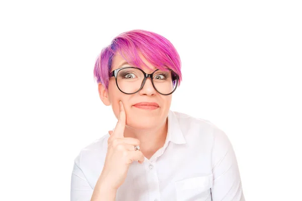 Portrait Young Italian Woman Looking You Camera Touching Cheek Index — Stock Photo, Image