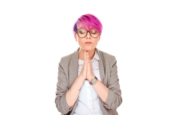 Concept Meditation Prayer Cute Funny Female Woman Standing Meditative Pose — Stock Photo, Image