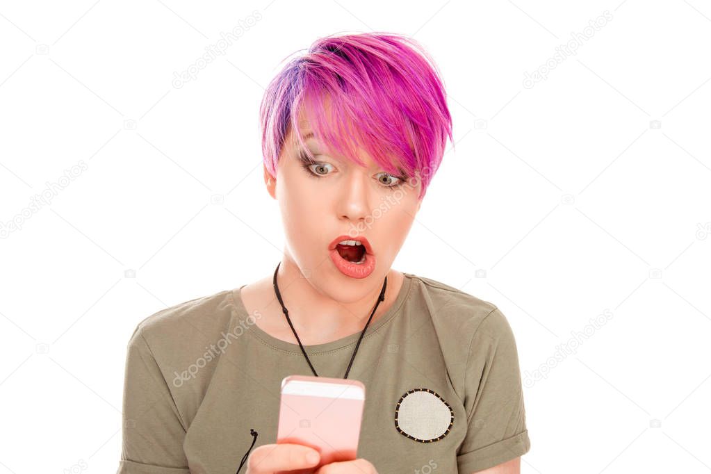 Female  freelance worker woman being disappointed with news from colleague, reads message on smartphone, shocked by the bad news she received ugly pictures on social media isolated on white background