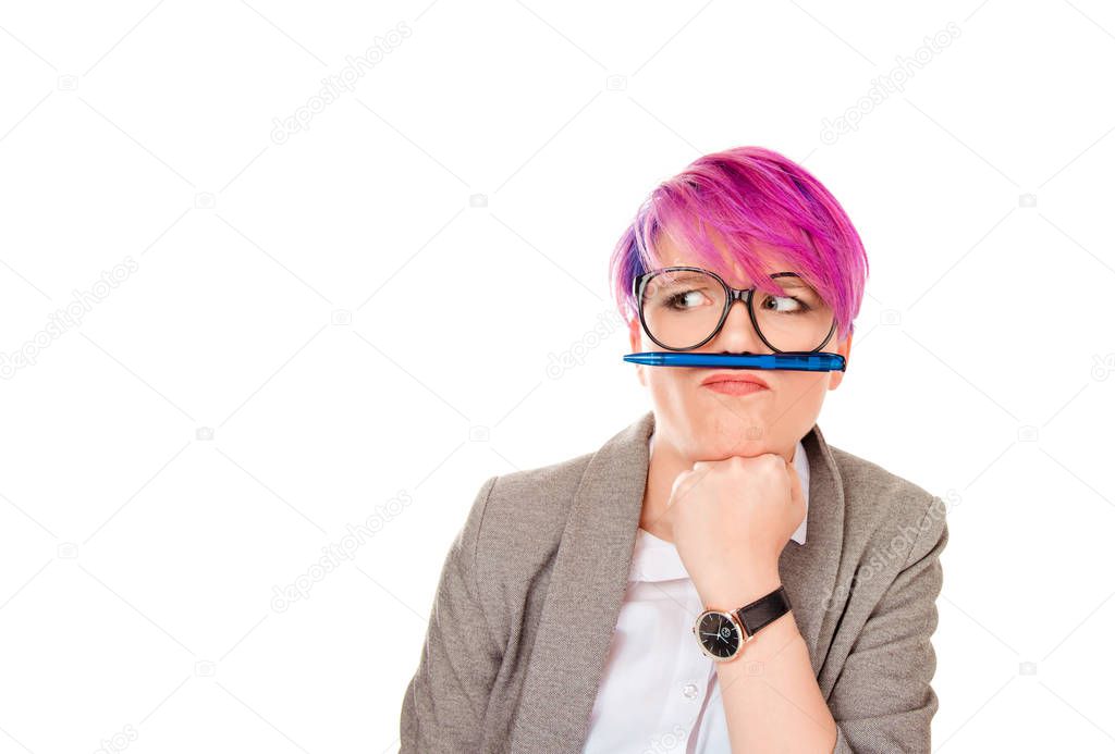 ADHD. Annoyed woman funny student corporate employee playing holding pen between nose and lips as mustache looking to the side thinking playful bored after working long hours isolated white background