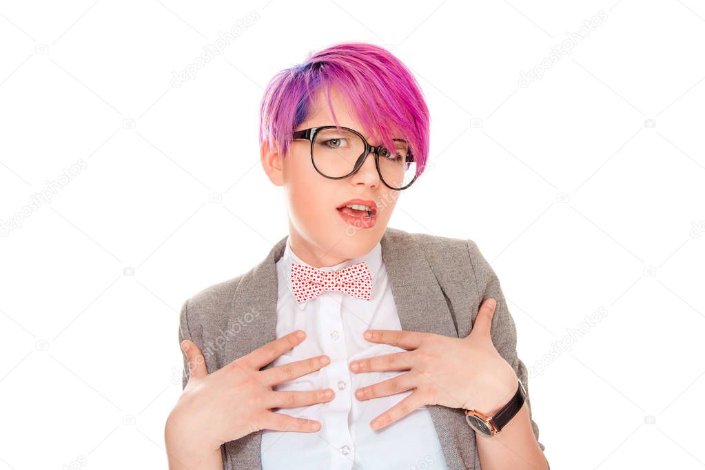 Me? No, that is no me. Young woman in formal wear pointing hands fingers at herself irritated frustrated isolated on white background. Negative facial expressions human face emotions body language.