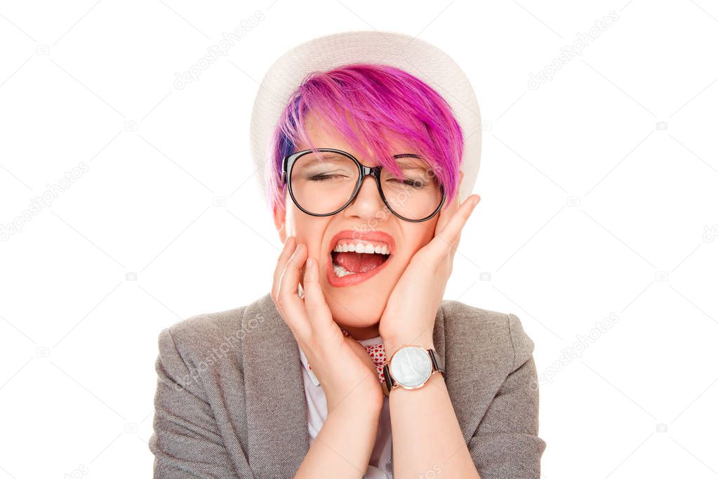 Doleful desperate crying woman having tooth ache, looks stressfully, frowns face, isolated over white background. Pretty female feels lonely and anxious. Negative facial expressions human face emotion